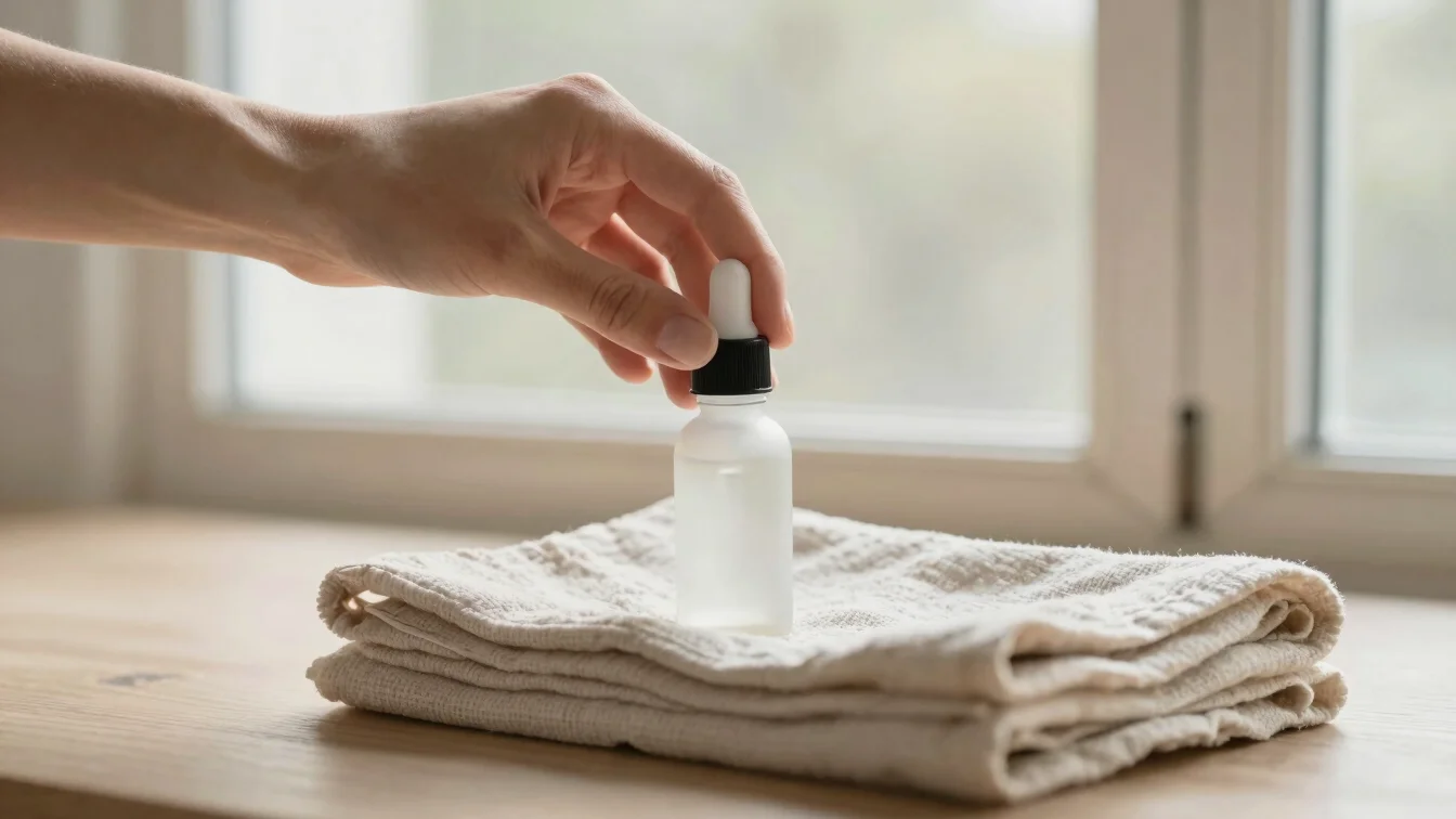 Close-up of a hand pressing a dropper bottle onto a folded linen towel, soft window light, warm neutral tones, clean fra