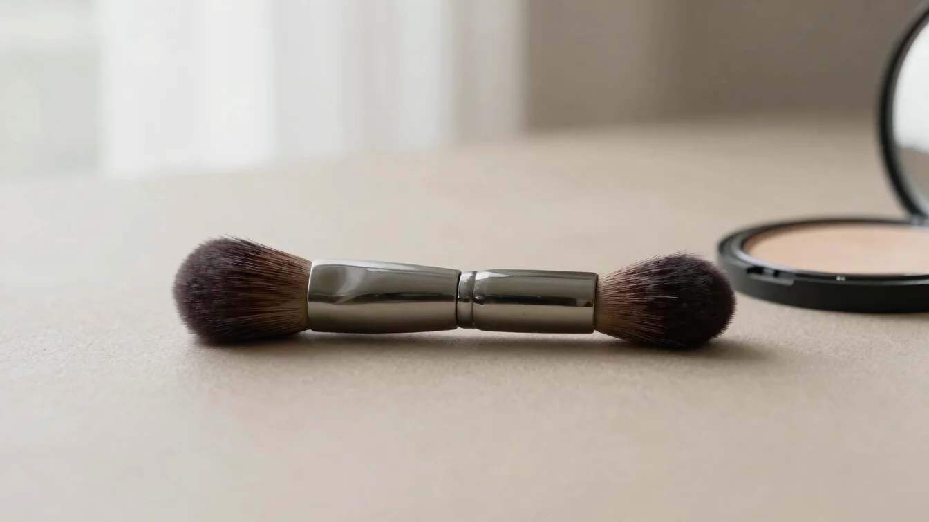 Tabletop detail of a makeup brush and a compact powder on a neutral surface, soft natural light, gentle shadows, unclutt