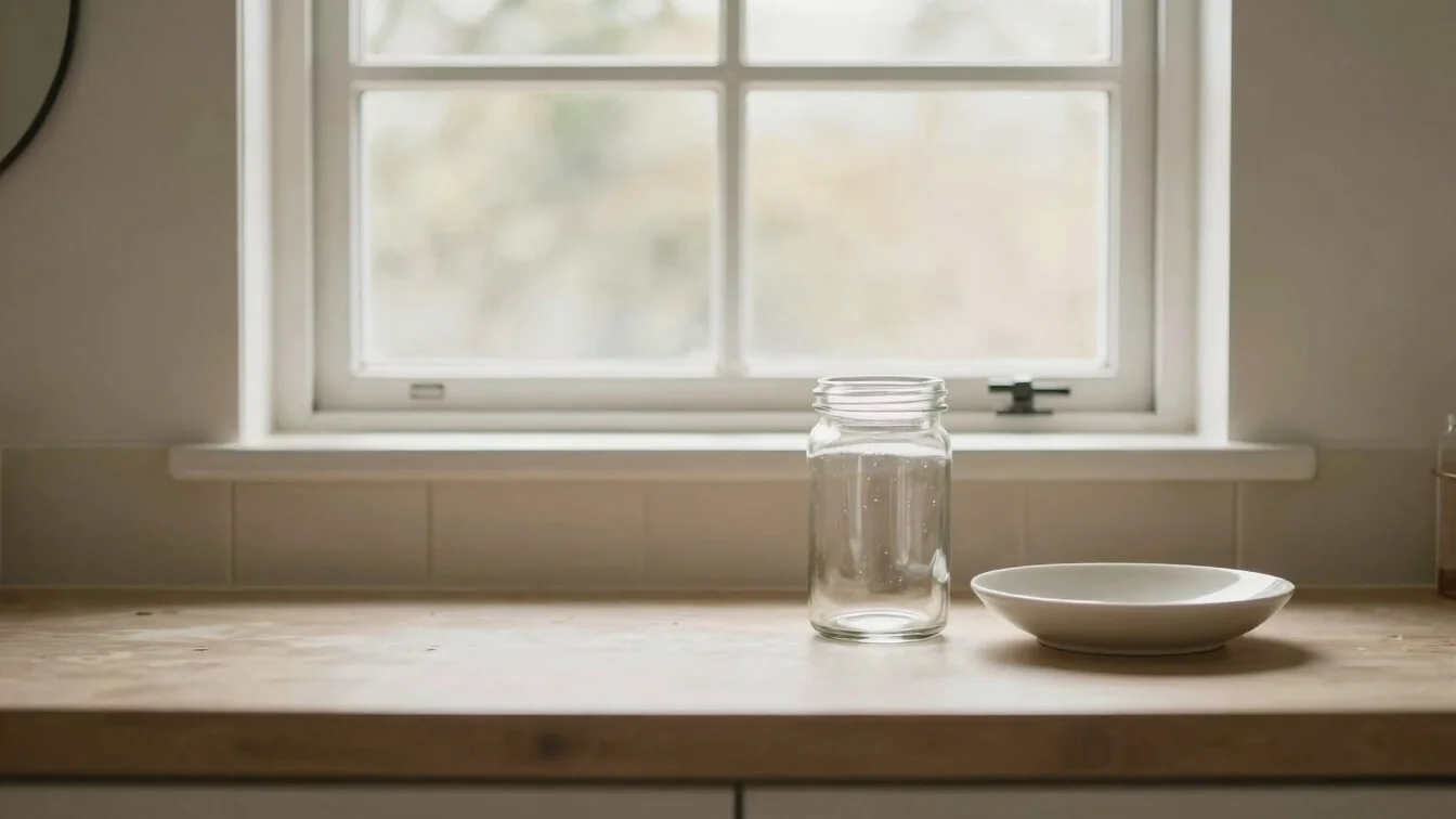 Simple bathroom counter scene with a glass jar and a ceramic dish, soft window light, warm neutral palette, close framin