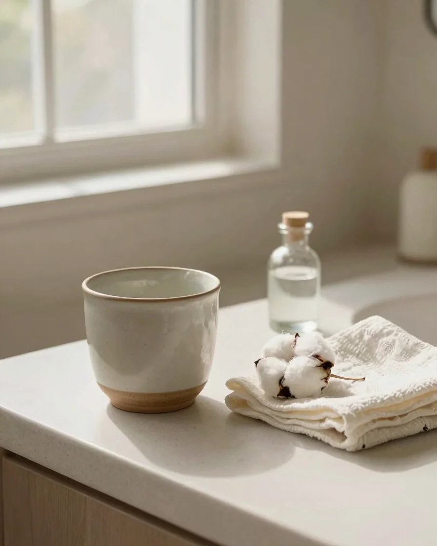 Quiet editorial still life of a ceramic cup and a folded cotton cloth beside a small glass bottle on a bathroom counter,