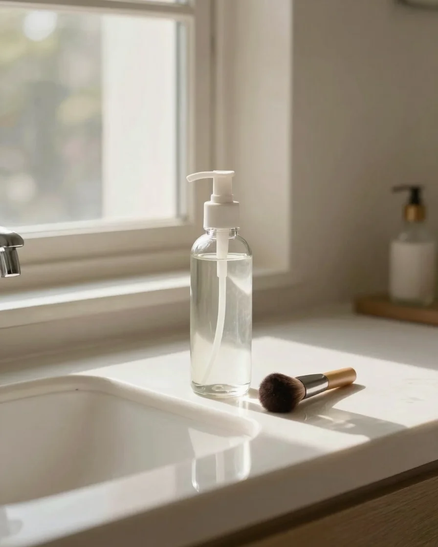 Soft natural window light falling across a clean ceramic bathroom